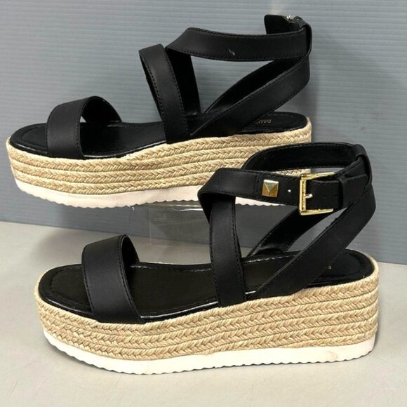 MICHAEL KORS Lowry Platform Wedge Espadrille Sandals In Black Leather/Jute 8 NEW - Picture 2 of 11